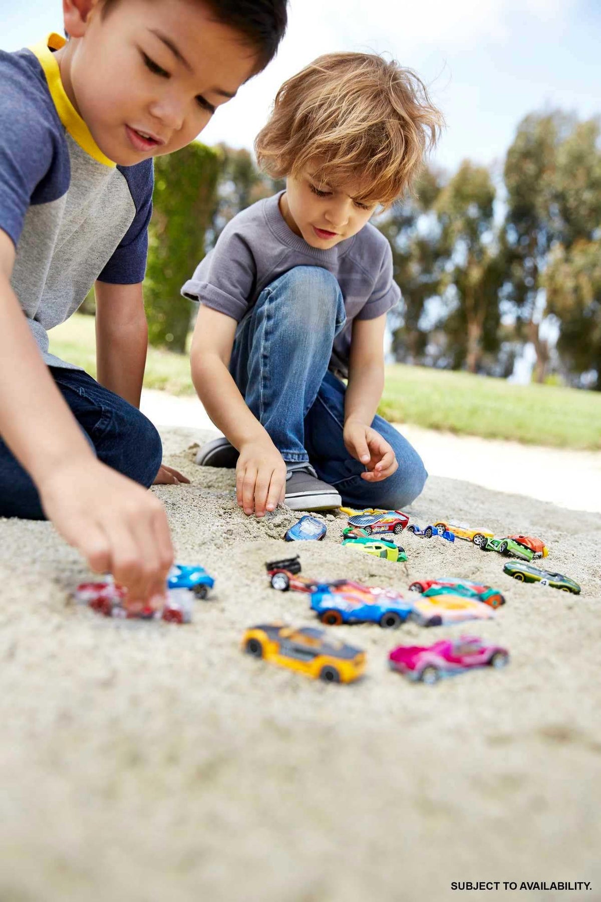 Hot Wheels track-play close-up shows cars ready for push-around fun
