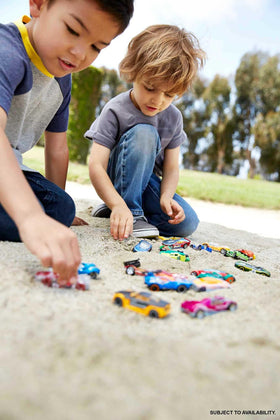 Hot Wheels track-play close-up shows cars ready for push-around fun