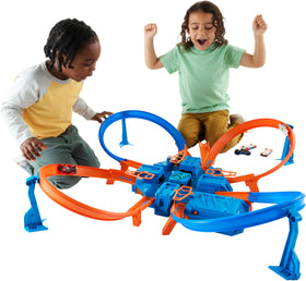 Hot Wheels track set with four intersections for competitive play