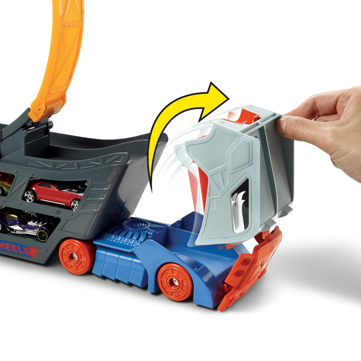 Hot Wheels truck bed shows 18 die-cast vehicles ready.