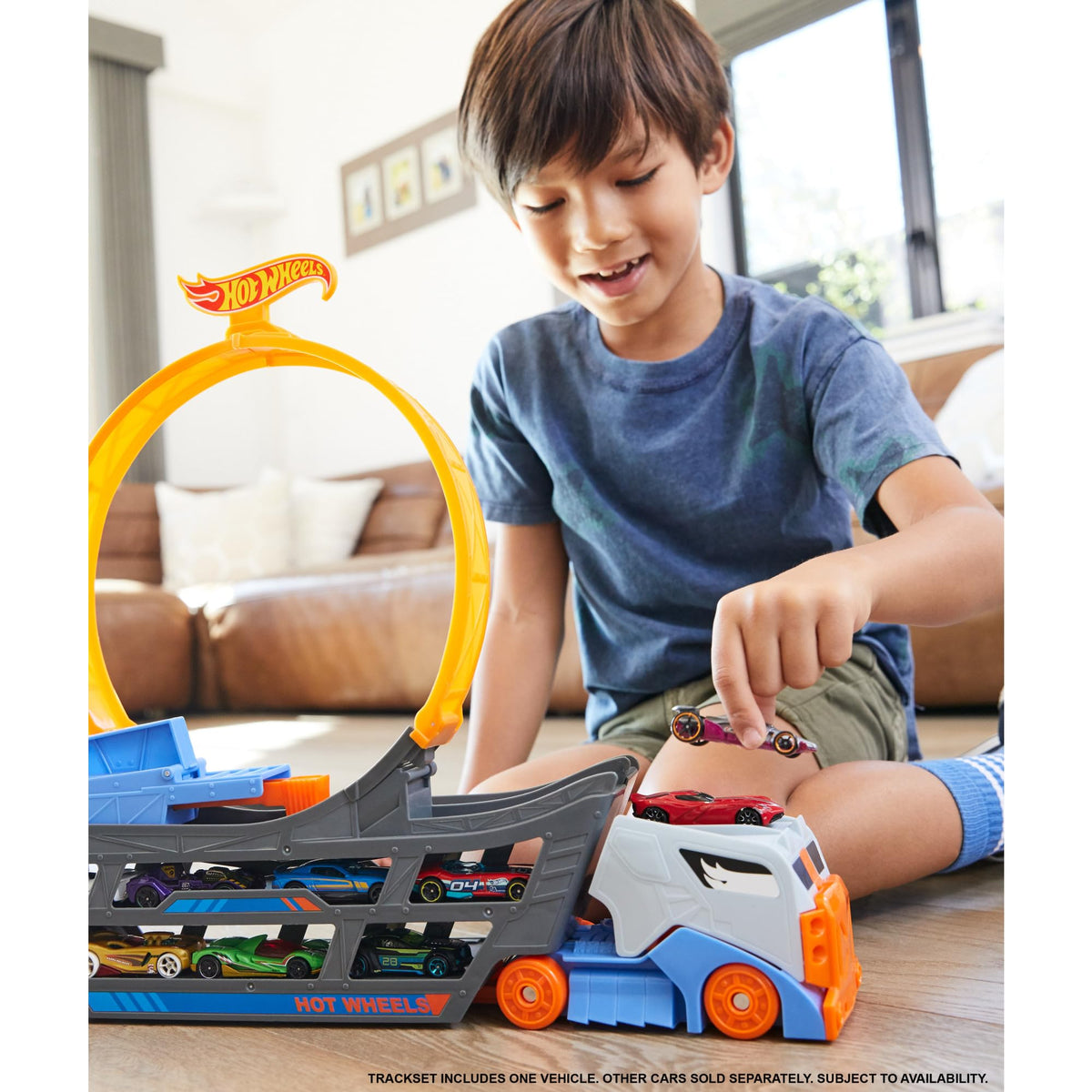 Hot Wheels launcher extended for adjustable four-speed launches.