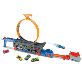 Hot Wheels Transporter Truck with loop deployed for epic stunt action.