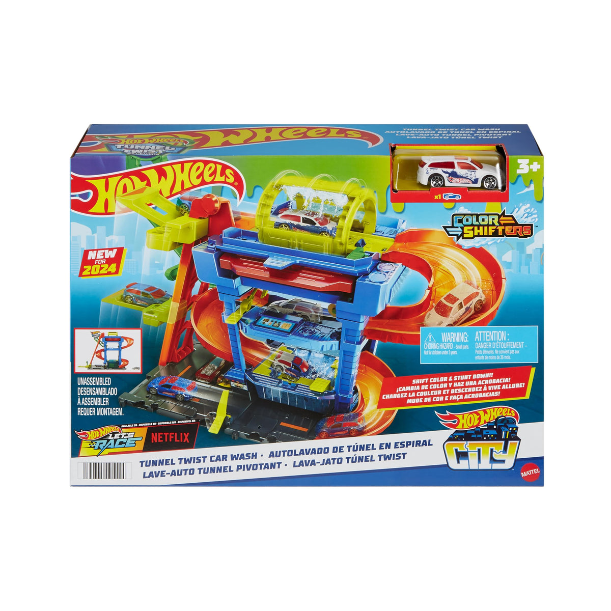 Hot Wheels TUNL Twist Car Wash entrance with color-shifter car ready for color-change play.