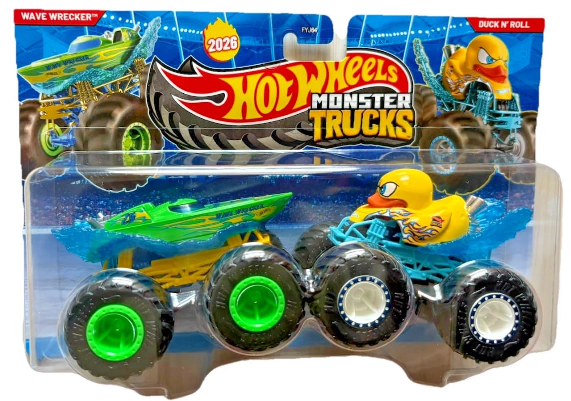 Hot Wheels Wave Wrecker and Duck N' Roll 2 Pack trucks for display and imaginative play.
