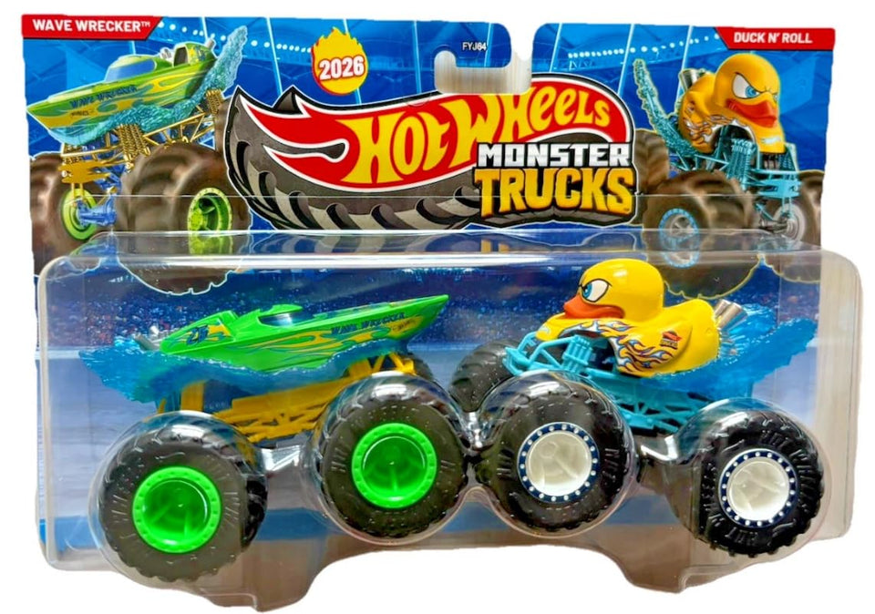 Hot Wheels Wave Wrecker and Duck N' Roll 2 Pack trucks for display and imaginative play.