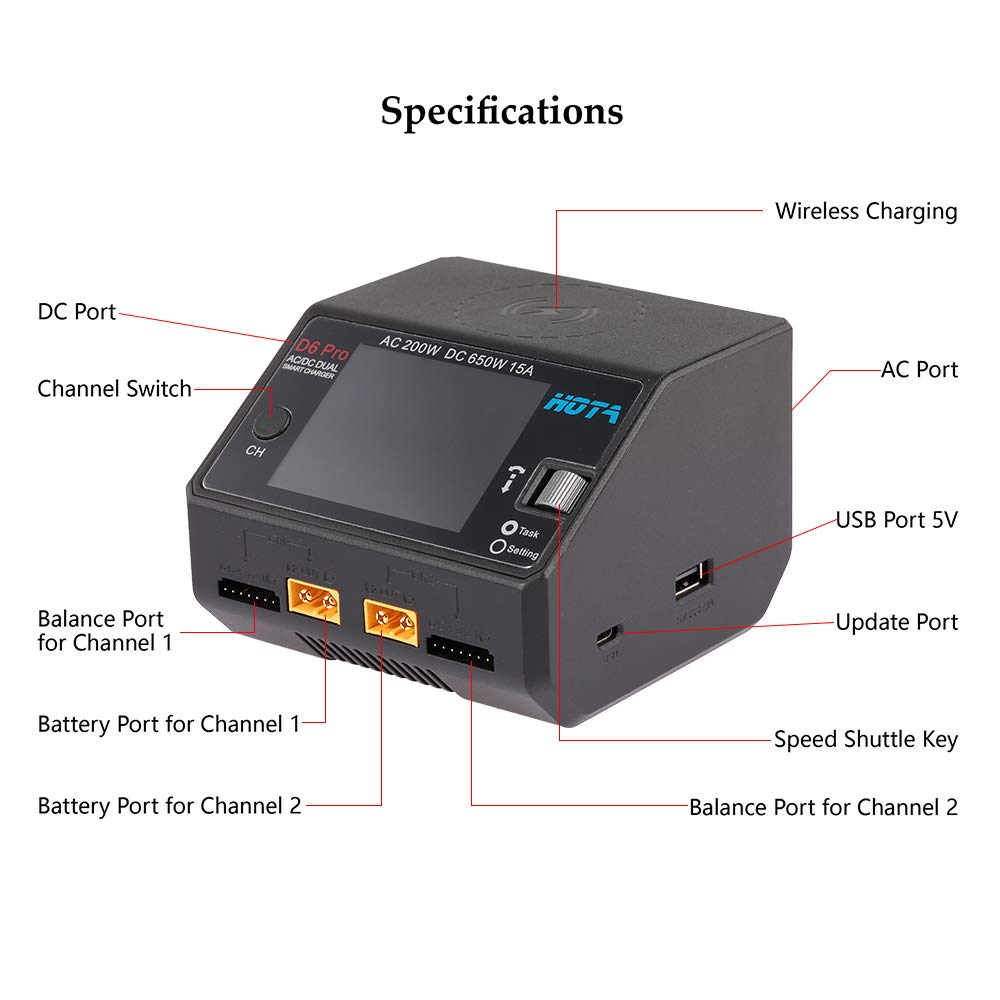 HOTA D6 Pro ports and balance connectors enabling versatile battery support.