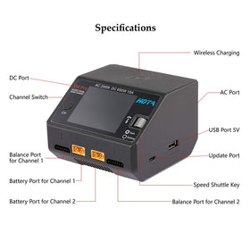 HOTA D6 Pro ports and balance connectors enabling versatile battery support.