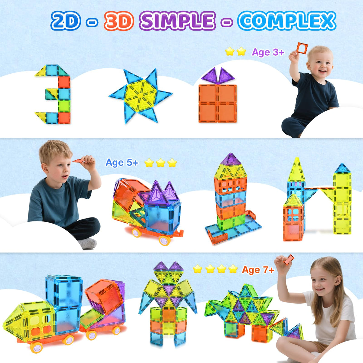 HOTERA magnetic tiles 125pcs includes two cars to spark imaginative play