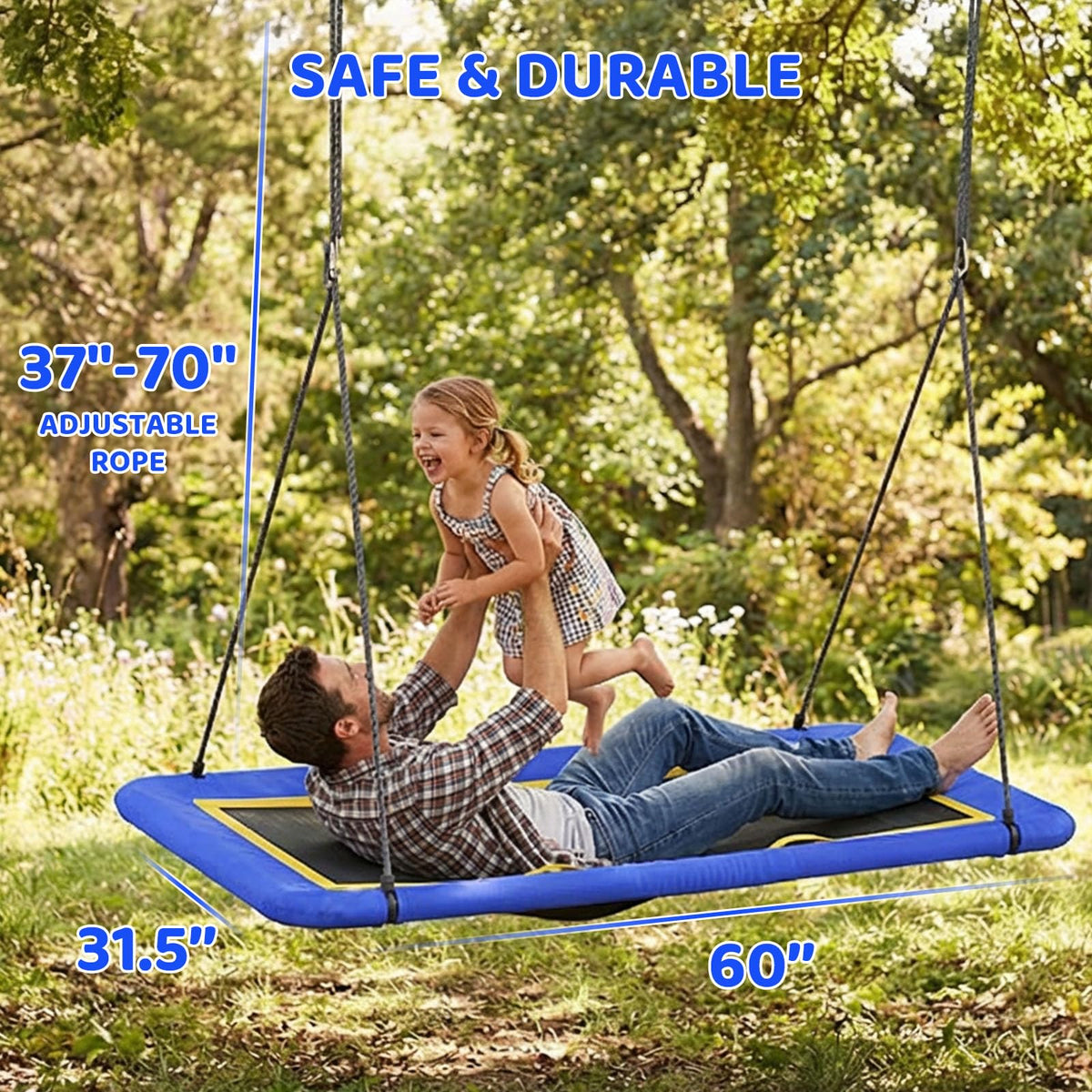 Kids and adults enjoying Hotjump swing in a sunny backyard