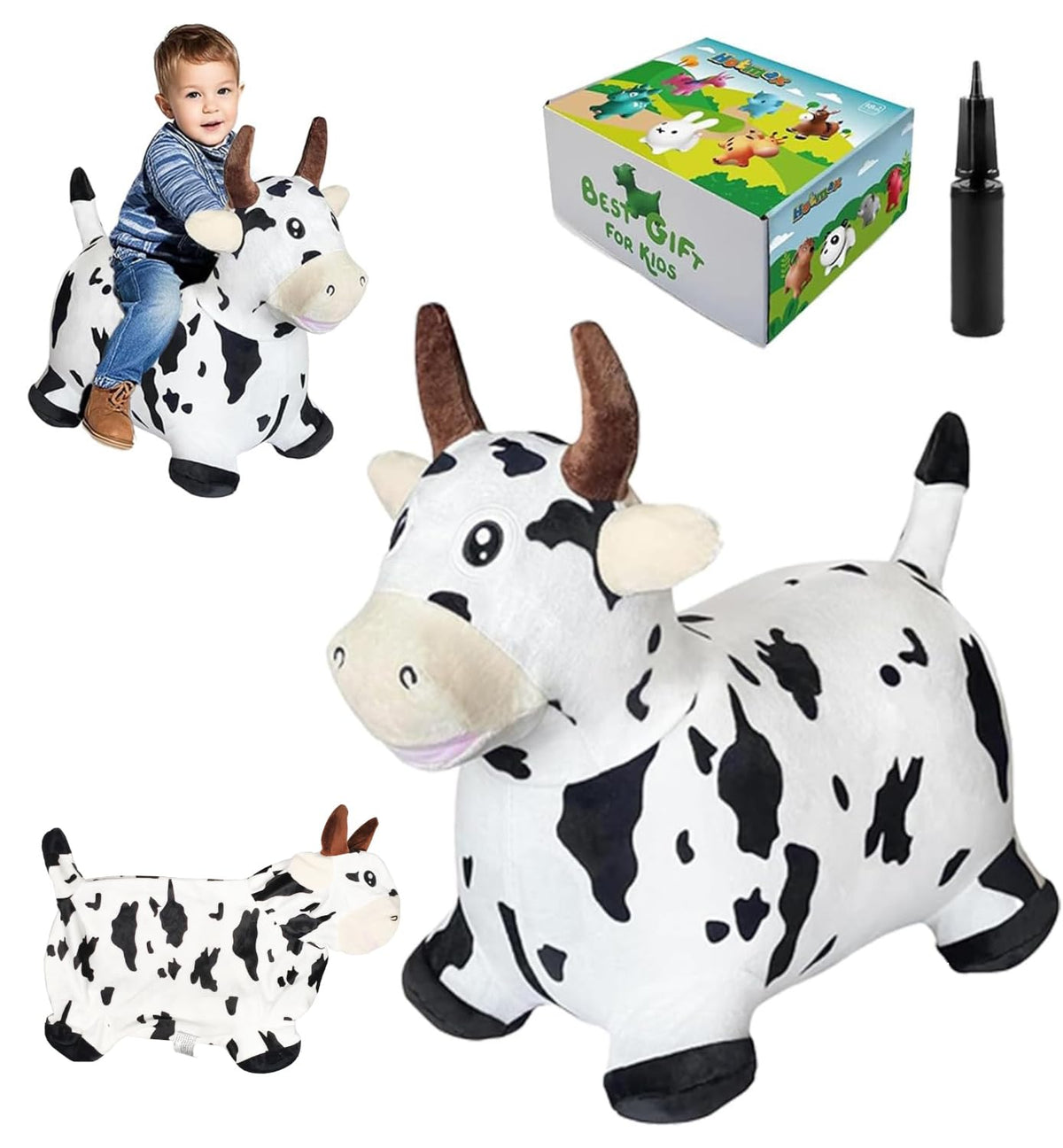 HotMax Bouncy Cow Hopping Toy with soft plush cover for gentle skin-friendly play.
