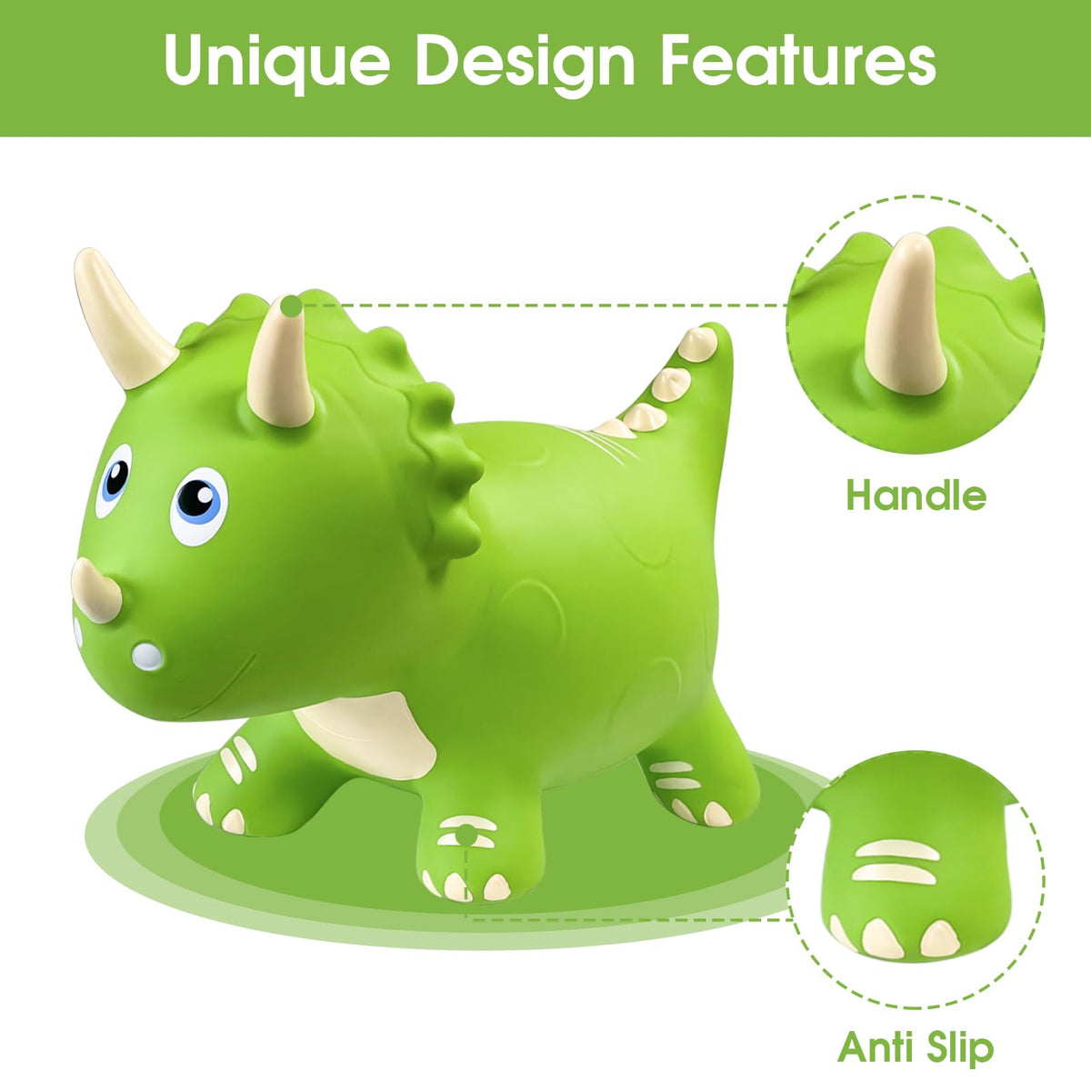 HotMax Dinosaur Bouncy Horse—safety handle aids stable, confident bouncing.
