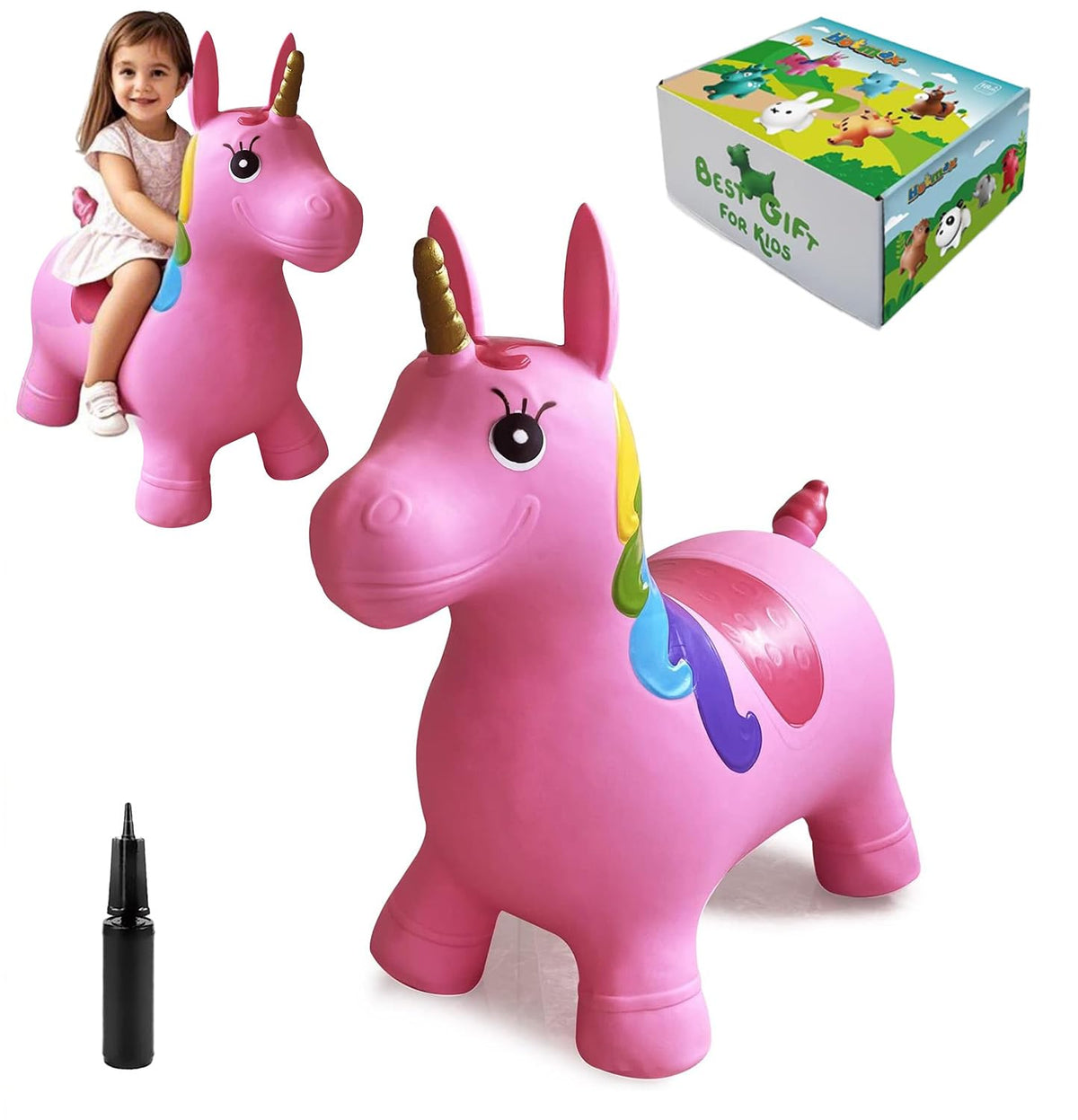 HotMax Unicorn bouncy horse front view for a safe toddler ride.
