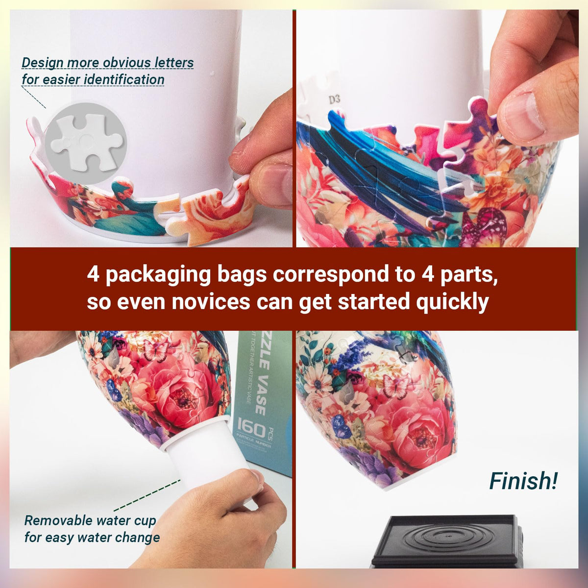 Close-up shows vivid hummingbird pattern on the HOTPLACY 3D Puzzle Vase.