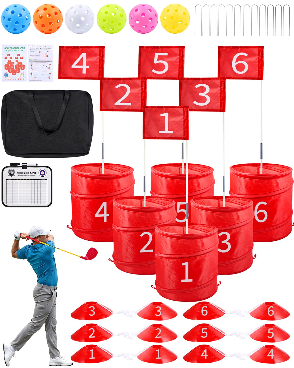 Hotwind backyard golf 6-hole set laid out on lawn, perfect for family fun.