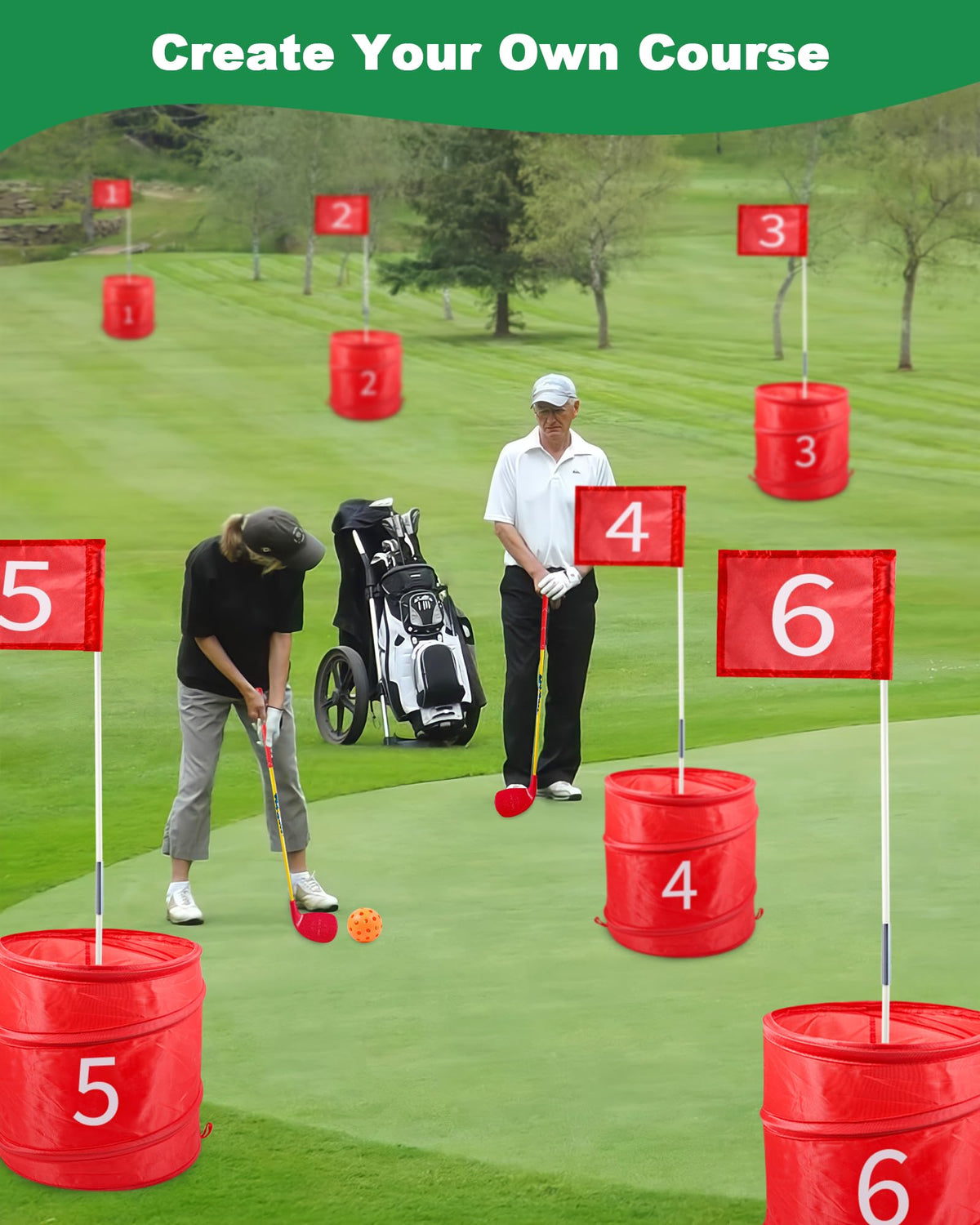 Hotwind kids and adults playing on lawn with portable golf game, ideal for gatherings.