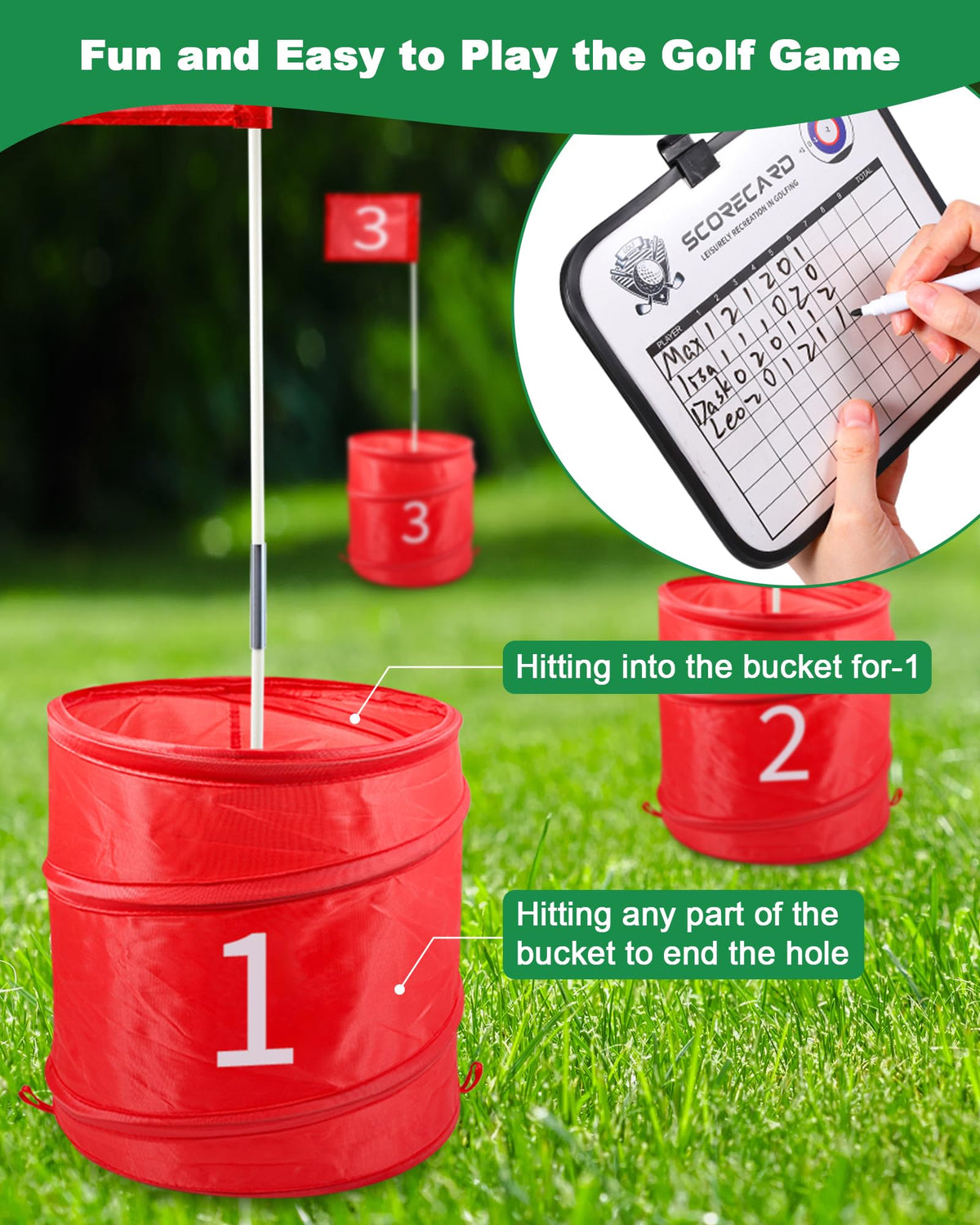 Hotwind flag sticks and hole cups set up for creative competition, adding a mini-golf feel.