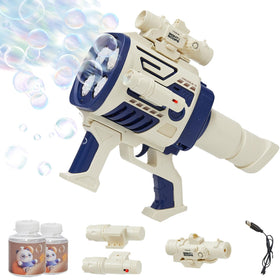 Houscly Bubble Gun blue front view shows kid-friendly design for outdoor fun