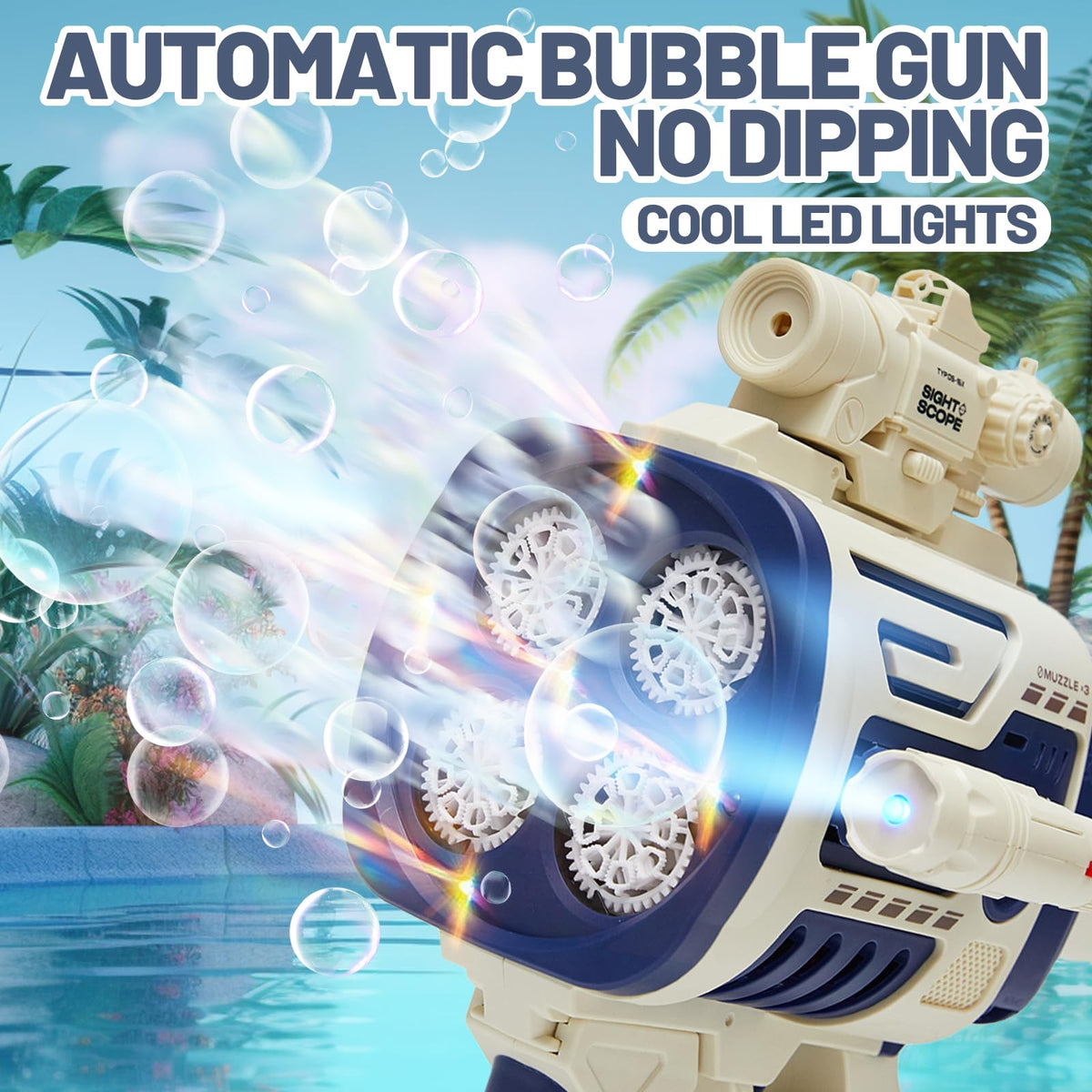 Houscly Bubble Gun blue side view highlights portable ergonomic handle for easy carry