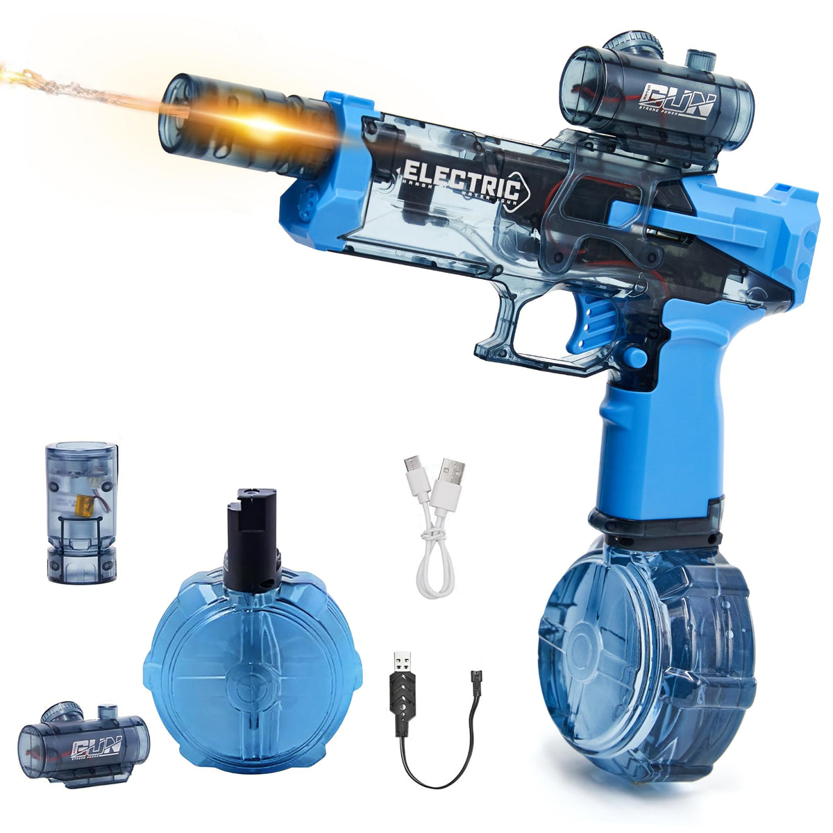Houscly electric water gun with LED muzzle flame for night battles.