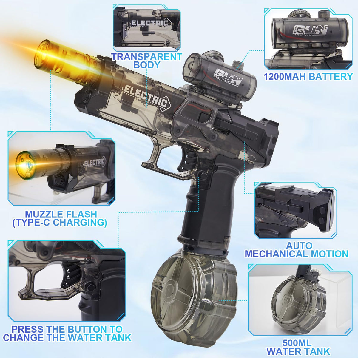 Houscly water gun transparent body reveals internal mechanism