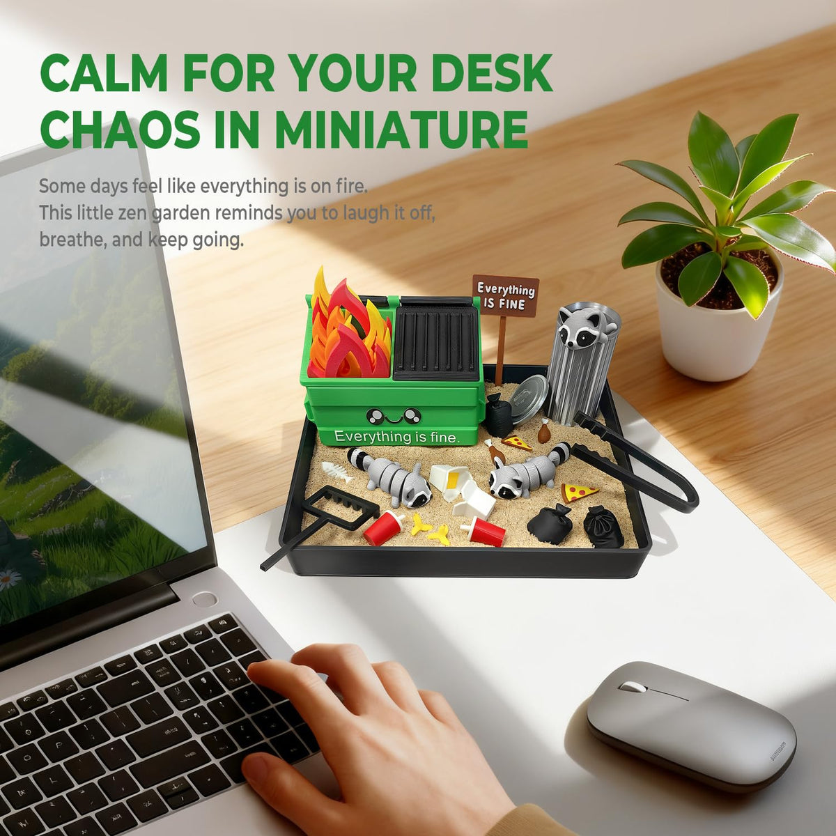 HouseBegan Dumpster Fire Zen Garden raccoons add whimsy for quick stress resets