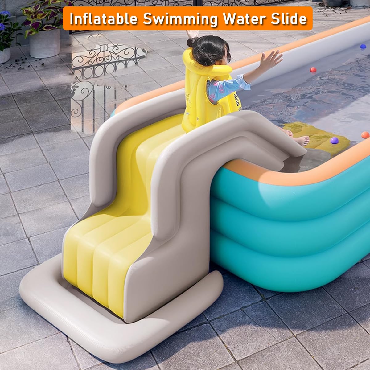 Houtclort inflatable pool slide blue bottom-stability ring helps prevent tipping