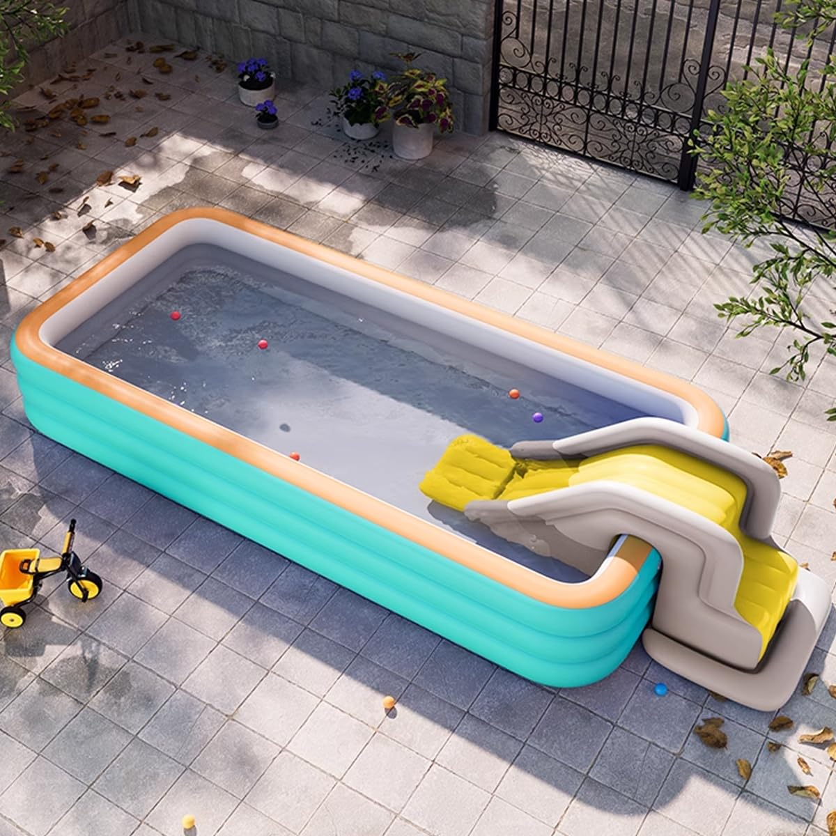 Houtclort inflatable pool slide blue packaged for quick setup and storage
