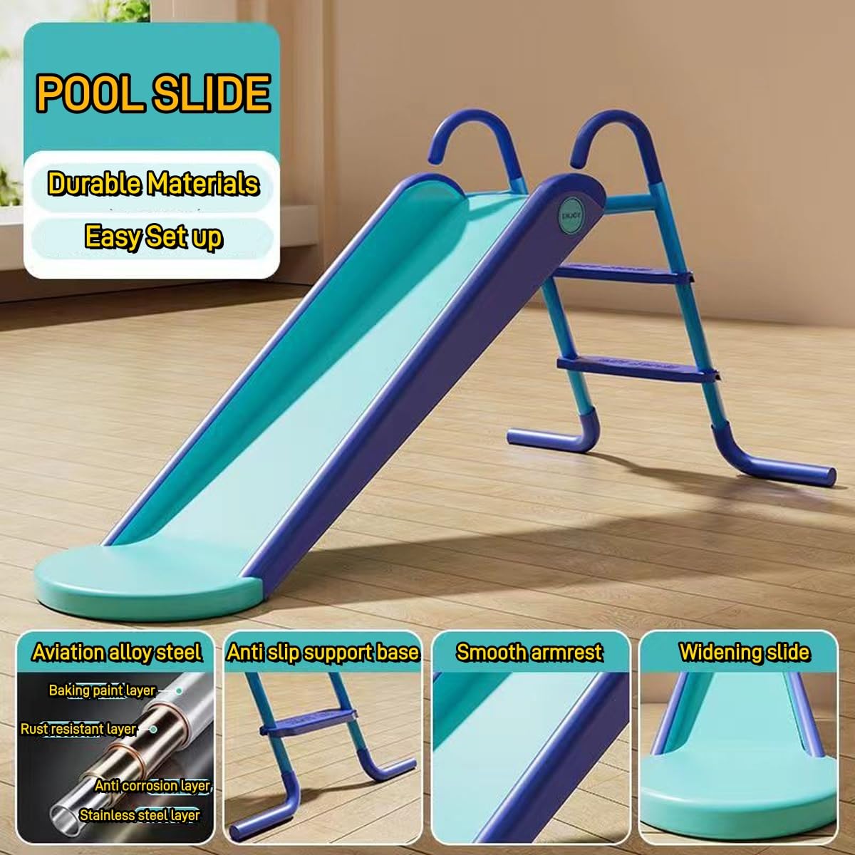Houtclort pool slide blue assembly view with all parts included.