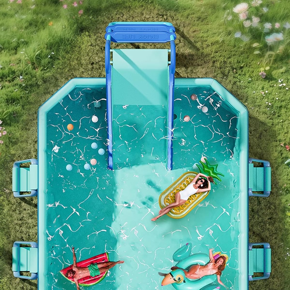 Houtclort pool slide blue frame close-up emphasizes sturdy construction.