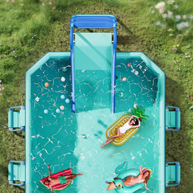 Houtclort pool slide blue frame close-up emphasizes sturdy construction.