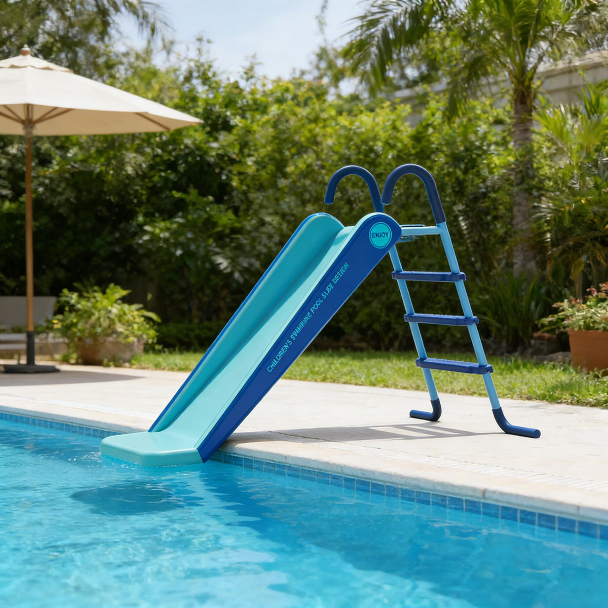 Houtclort pool slide blue handrails for safe gripping.