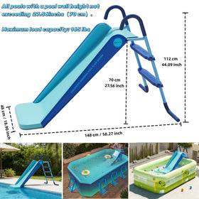Houtclort pool slide blue side view with smooth handrails and steps.