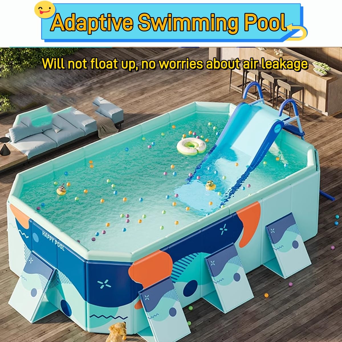 Houtclort pool slide blue steps for easy ascent.