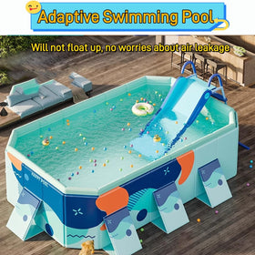 Houtclort pool slide blue steps for easy ascent.