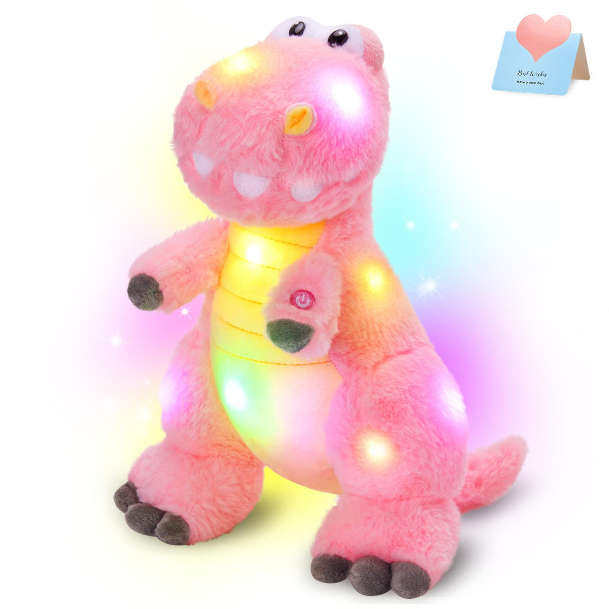 Houwsbaby 13-inch glowing LED T-Rex plush pink, cozy night light for kids.