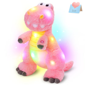 Houwsbaby 13-inch glowing LED T-Rex plush pink, cozy night light for kids.