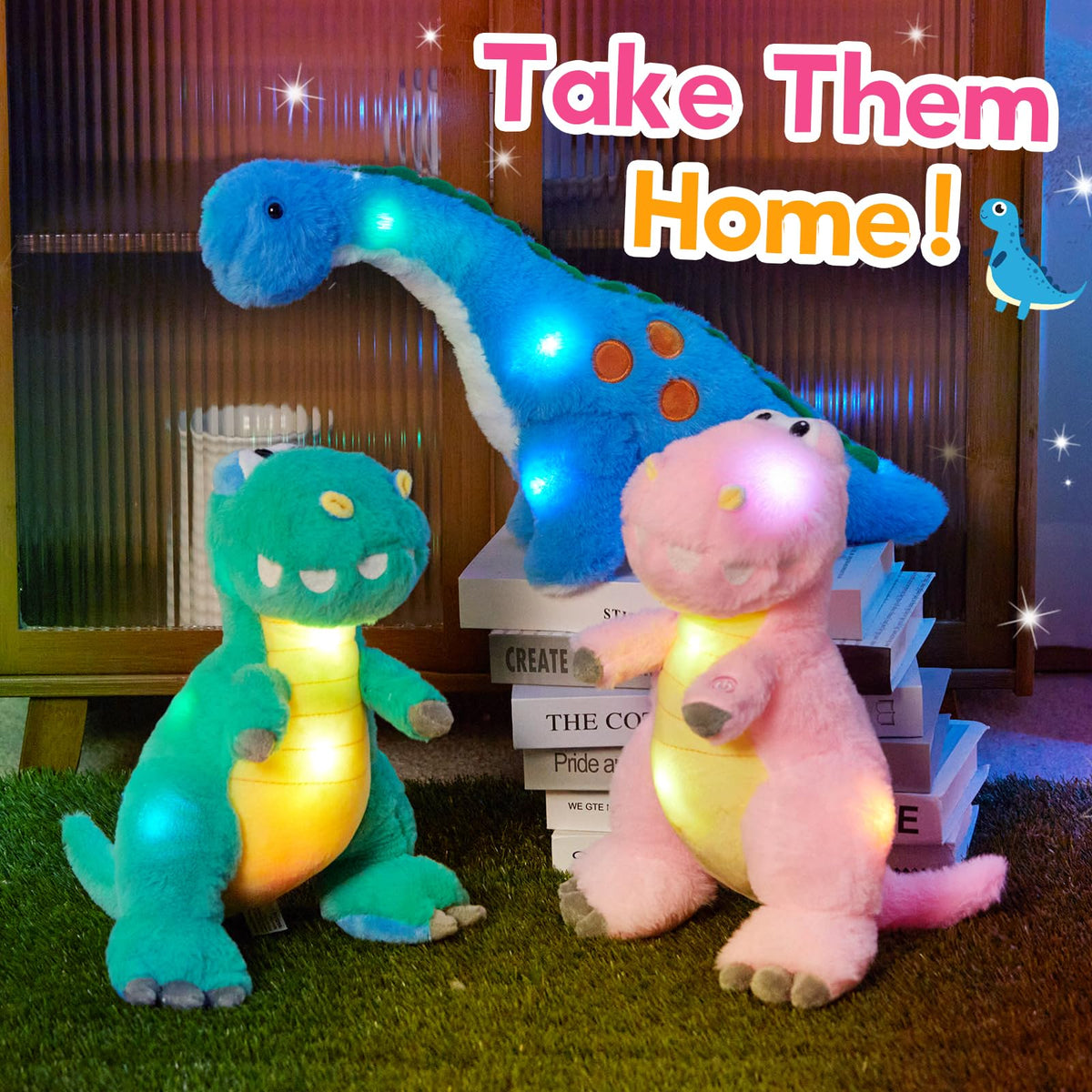Houwsbaby soft pink LED dino, durable plush suitable for play and decor.