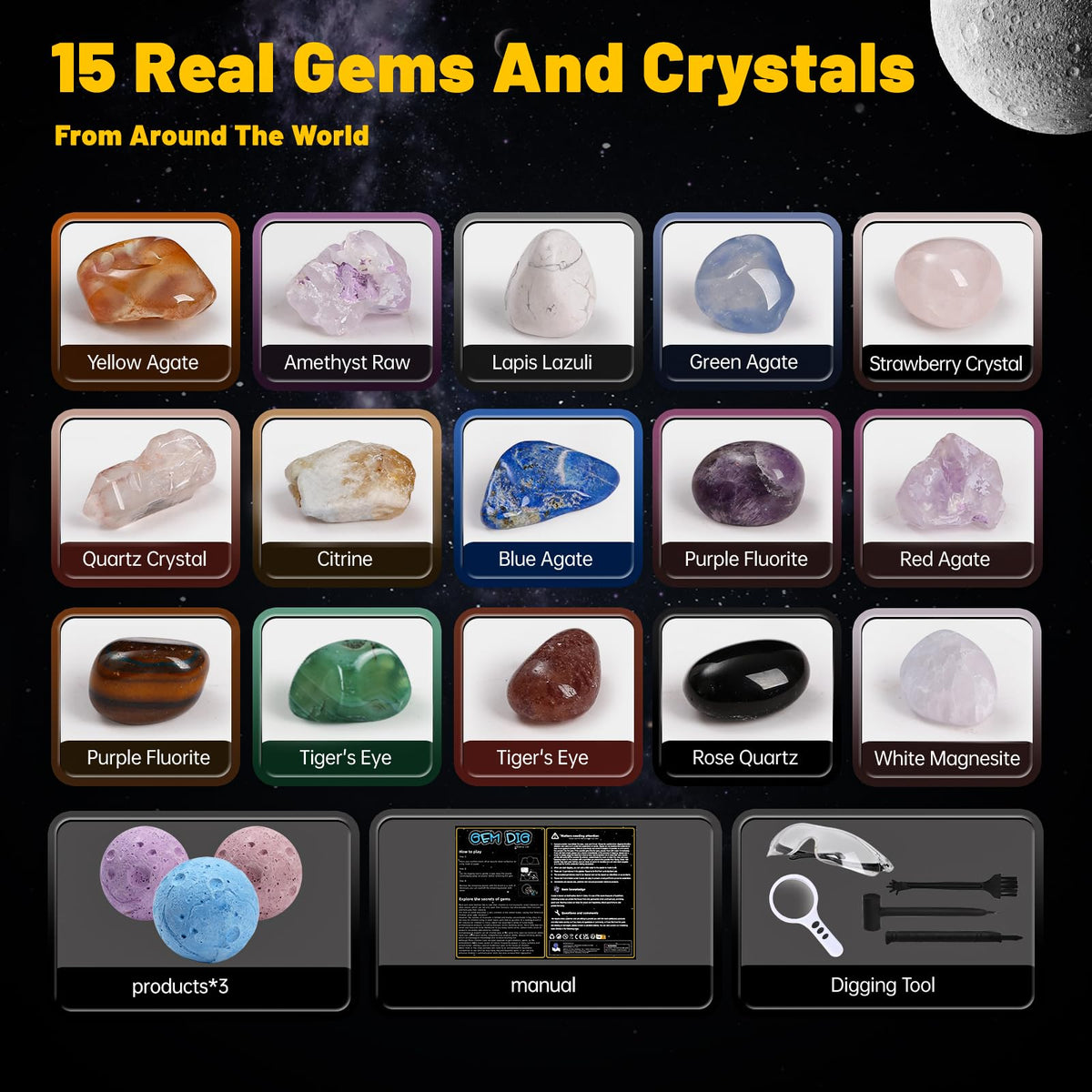 Hovydzz Gemstones Dig Kit tools with goggles, brushes and chisels for safe, engaging lunar digs.