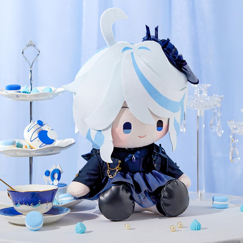 Hoyoverse Furina impression sitting plushie detail shot emphasizes color accents and plush texture.