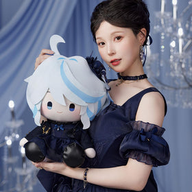 Hoyoverse Furina impression sitting plushie face closeup captures character details and tactile softness.