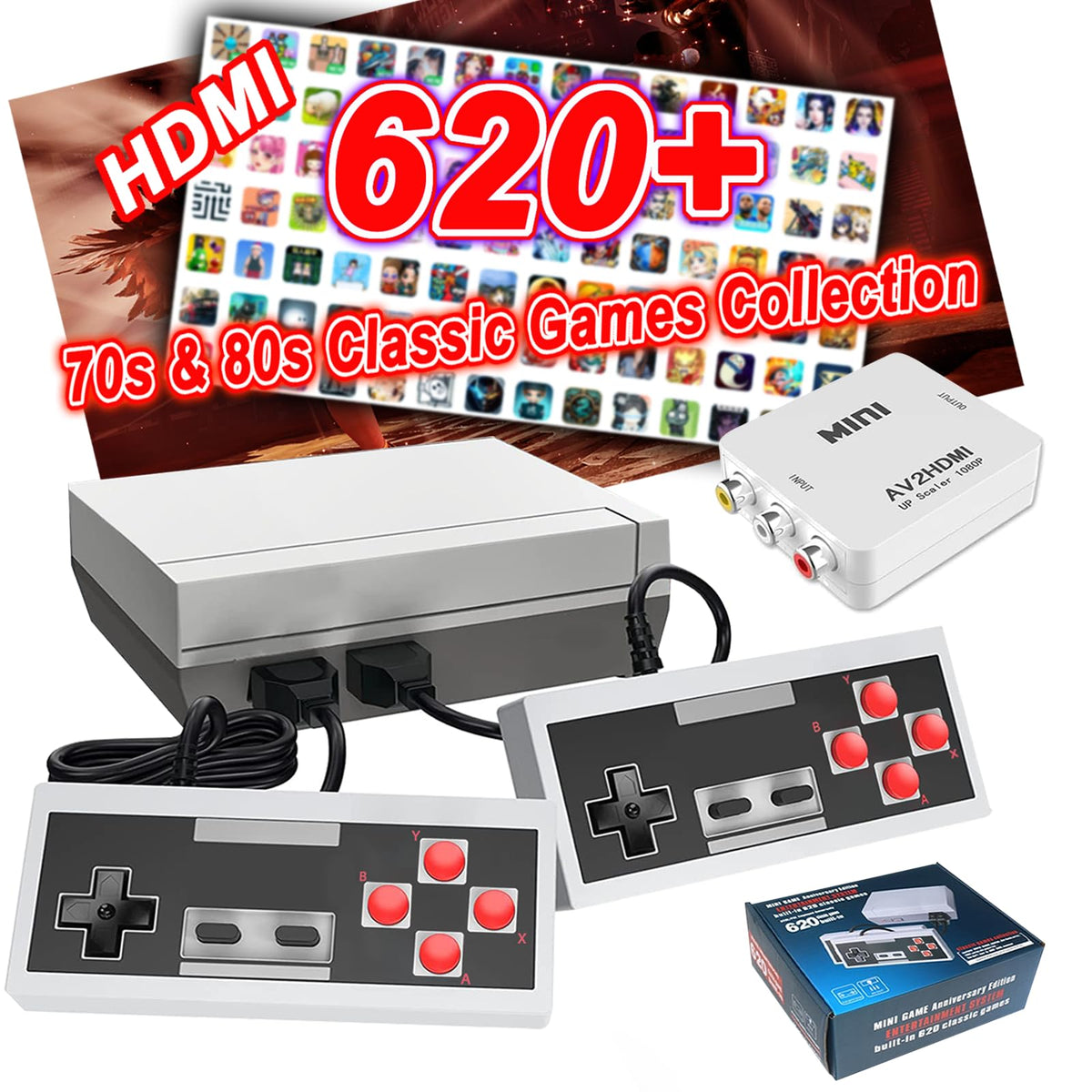 Hqeeun 620 retro console front view highlights a compact, all-in-one arcade setup