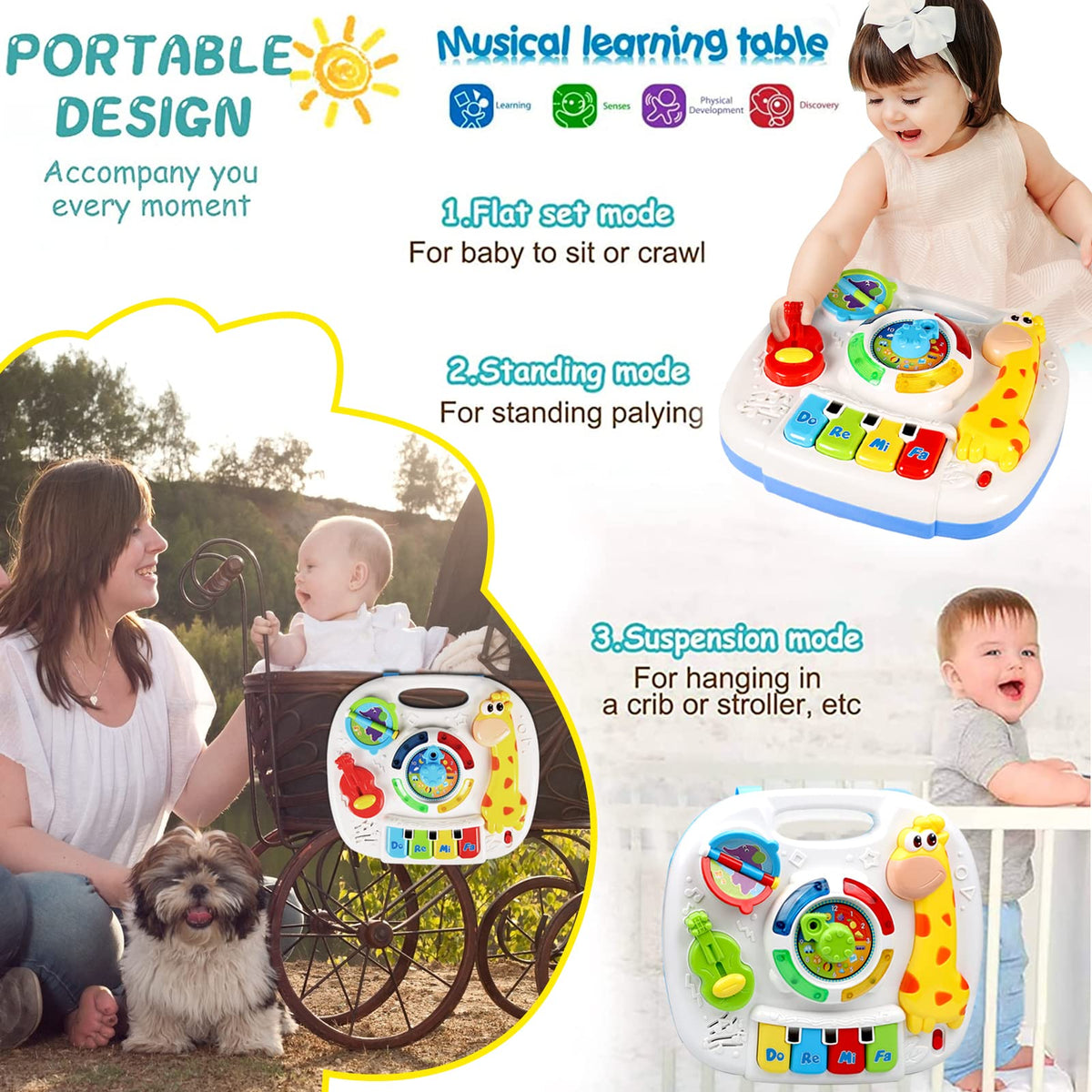 HQXBNBY 3-in-1 musical learning table supports sitting, standing, and portable fun
