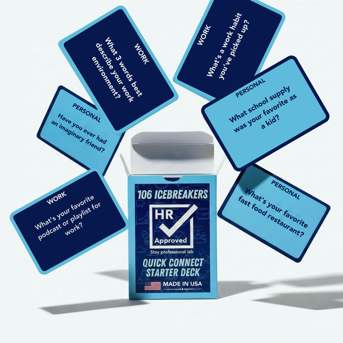 HR Approved team-building cards front deck for quick ice breakers in meetings