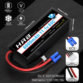 HRB 3S 6000mAh battery weighs about 430g for balanced RC setups.