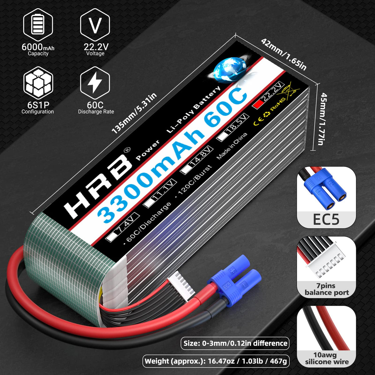 HRB POWER battery weight view highlighting 467g for payload planning