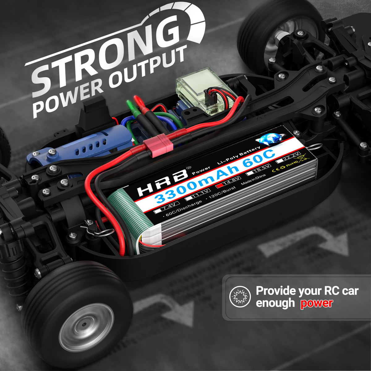 HRB POWER 4S battery shows compact dimensions suitable for model compartments.