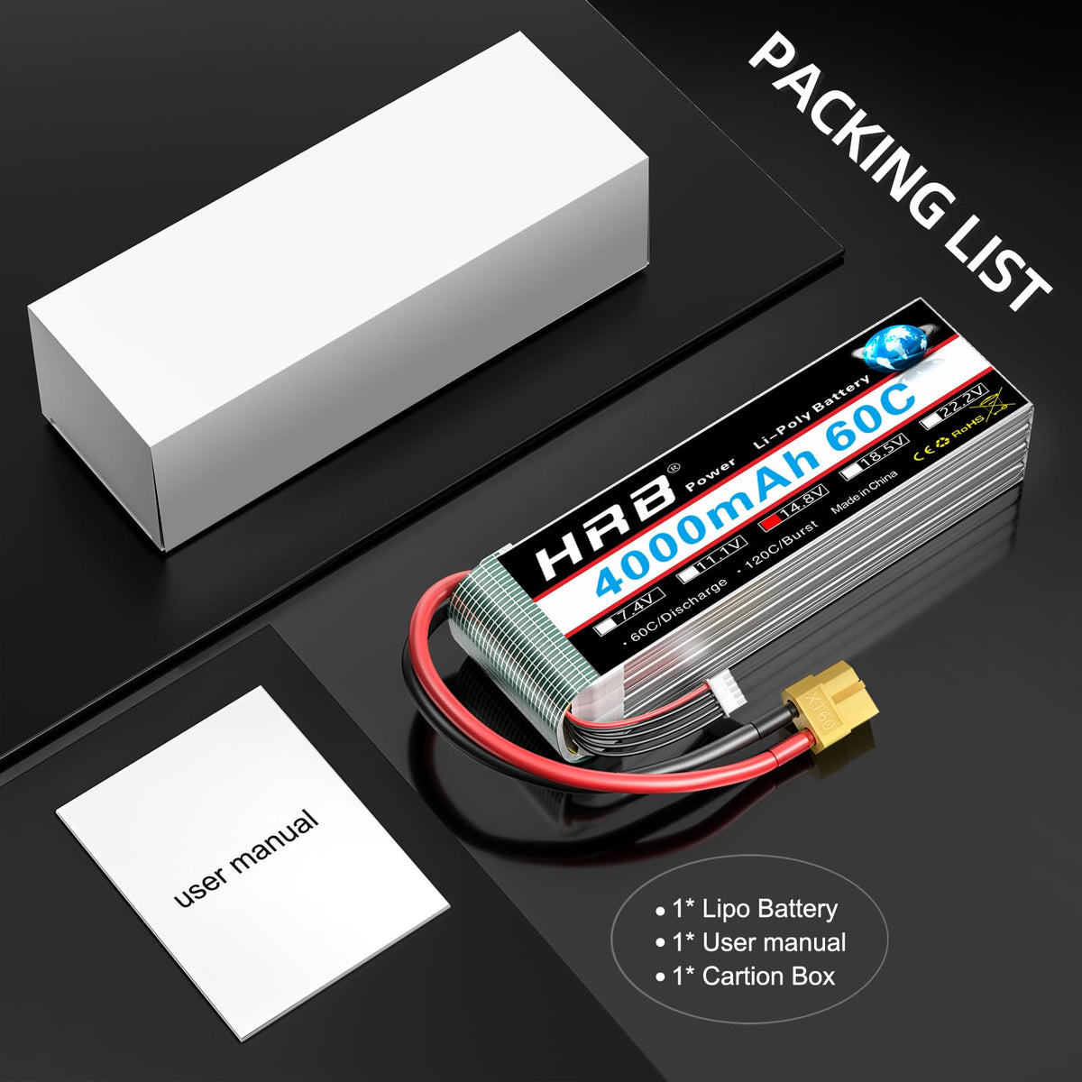 HRB POWER 4S 4000mAh LiPo battery dimensions 135x42x33mm for fit checks.