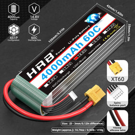 HRB POWER 4S 4000mAh LiPo battery shown from the side for compact weight.