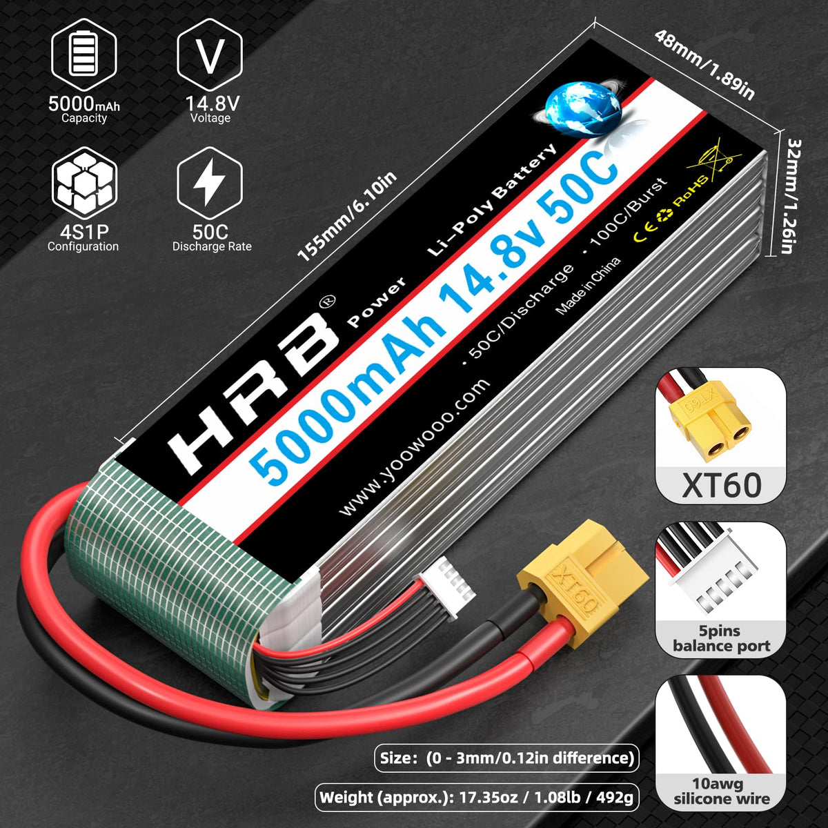 HRB Power 4S LiPo label shows capacity and voltage for informed setup