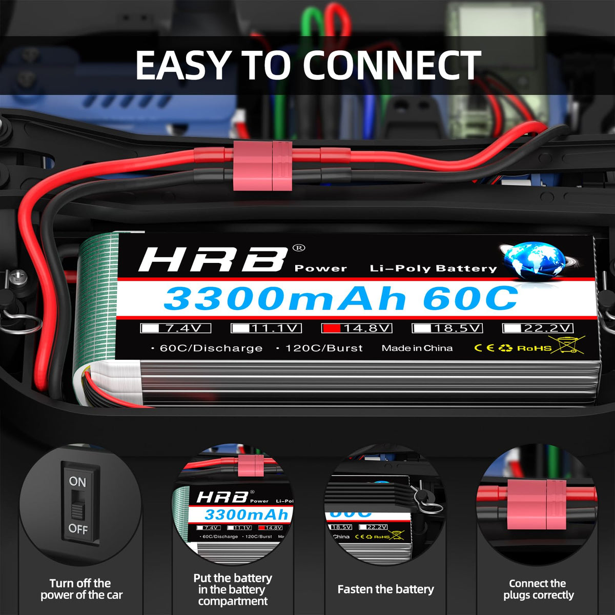 Tech label on HRB POWER battery shows 4S and 14.8V specs.